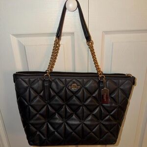 Coach Black Quilted Leather Tote with Gold Chain Straps